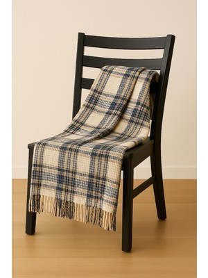 Dinarsu Cozy Pamuklu Püsküllü Skoç Tv Battaniyesi Plaid Indigo Mavi 130X 170