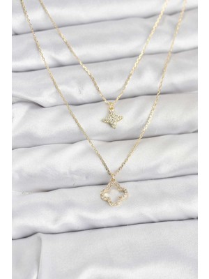 Ayder Timya Pirinç Gold Renk Yonca Model 2'li Kadın Kolye (Timya/1395) 206506