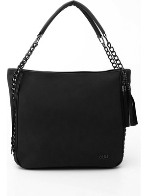 GÖNDERİ Kadın Siyah Süet  Püsküllü Omuz Çantası