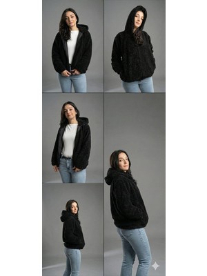 Kadın Siyah Buklet Dokulu Kapüşonlu Mont