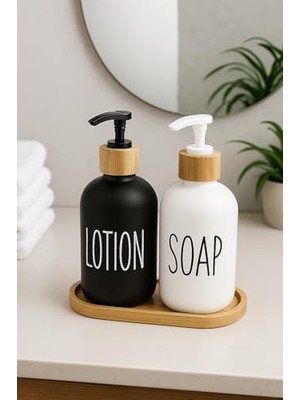 2’li Cam Sıvı Sabunluk ve Losyonluk Seti | 500 ml Siyah & Beyaz Boyalı Cam | Bambu Kapak ve Ahşap Altlıklı Banyo Seti | Şık ve Dayanıklı Tasarım