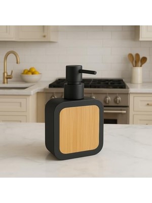 Mat Siyah Sabunluk | Ahşap Desenli Lüks, Ergonomik Tasarım, Ahşap Dispenser