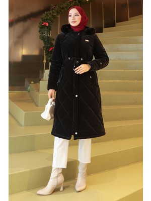 Fermuarlı Beli Bağcıklı Kapitone Mont Siyah 19283