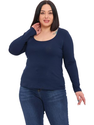 Disentis Modest Büyük Beden U Yaka Uzun Kollu Viskon Lacivert Body