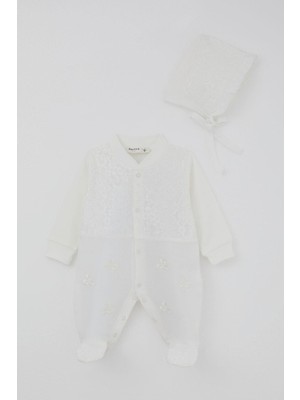 Breeze Kız Bebek Patikli Tulum Dantel Detaylı Çiçek Nakışlı 0-6 Ay, Ekru