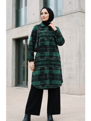 Sefa Merve Desenli Düğmeli Oduncu Kışlık Tunik 2503-01 Zümrüt Yeşili Siyah