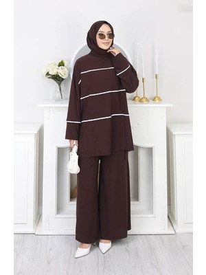 Sandy Çizgili Tunik Pantolon Ikili Takım 5800-01 Kahverengi