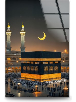 Myphotostation Mübarek Gece Hilal ve Kabe Dekoratif Temperli Cam Tablo, Modern Uv Baskılı Duvar Tablosu, Salon ve Ofis Için Şık Duvar Dekoru
