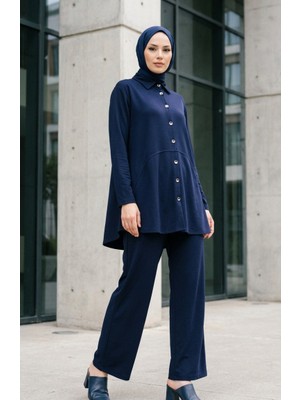 Sefa Merve Gömlek Yaka Düğmeli Tunik Pantolon Ikili Takım 2210-02 Lacivert
