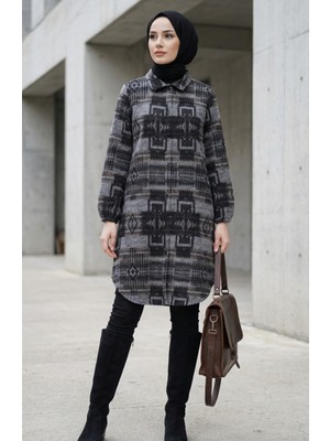 Desenli Düğmeli Oduncu Kışlık Tunik 2503-05 Gri Açık Kahve