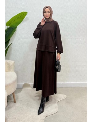 Tesettür Diyarı Lavendi Modal Kumaş Etekli Tesettür Takım - Acı Kahve