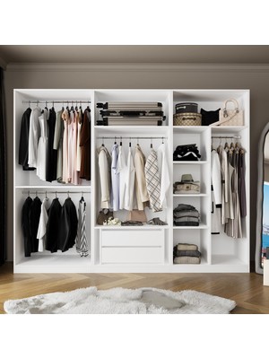 Bimossa KE3040 Goss 3’lü Geniş Açık Gardırop,boy Askılı ve Çekmeceli Modüler Elbise Dolabı