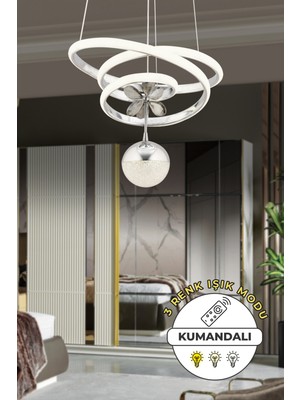 Kumandalı Krom Sarkıt Avize, 3 Renk Işık, Dimmer, Modern Tasarım