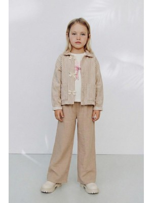 Magu Kız Çocuk Pamuklu Kahve Çizgili Bayramlık Takım - Bağlamalı Cepli Ceket ve Geniş Paça Pantolon