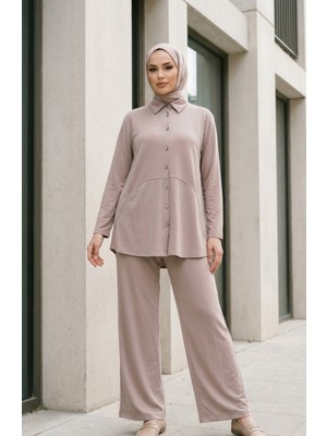 Gömlek Yaka Düğmeli Tunik Pantolon Ikili Takım 2210-03 Vizon