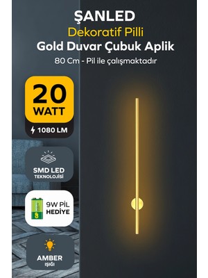ŞANLED Dekoratif 20W Iç Mekan Gold Kasa Amber Işık Rengi 80 cm Duvar Aplik Pilli 1 Adet