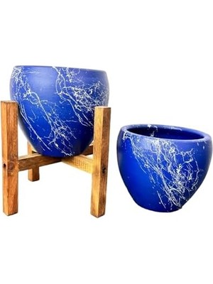 Bitki Tasarımı Ev Dekorasyon Lacivert Üzeri Beyaz Mermer Efektli Toprak Saksı Saksılık Salon Çiçeklik Ikili Set Ayaksız - 4 Ayaklı- 15 cm
