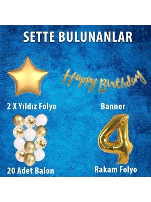 Patladı Gitti Konsept Doğum Günü Kutlama Seti; Beyaz Konfetili Balon, Rakam Yıldız Folyo ve Banner (4 Yaş)