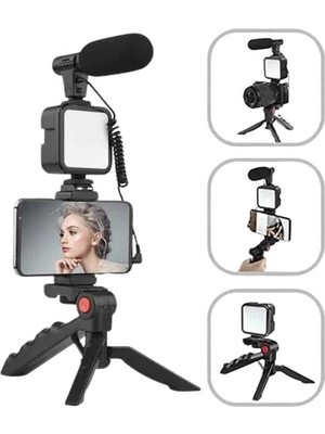 Akıllı Telefon Vlog Kiti Tripod Mini Mikrofonlu Telefon Tutucu Grandordesing (4970)