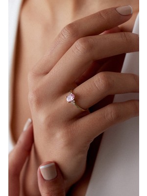 Oroline Kuyumculuk 8 Ayar Pembe Oval Taşlı Zarif Kadın Altın Yüzük