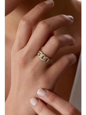 Oroline Kuyumculuk 8 Ayar Zincir Desenli Taşlı Gurmet Altın Kadın Yüzük