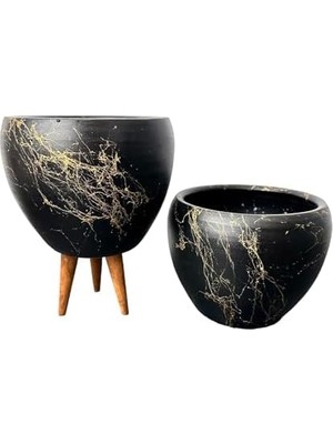 Bitki Tasarımı Ev Dekorasyon Siyah Üzeri Mermer Efektli Toprak Saksı Saksılık Salon Çiçeklik Ikili Set Ayaksız - 3 Ayaklı- 15 cm