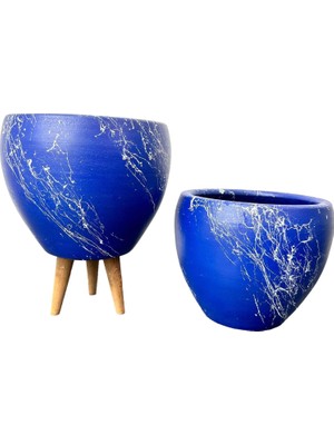 Bitki Tasarımı Ev Dekorasyon Lacivert Üzeri Beyaz Mermer Efektli Toprak Saksı Saksılık Salon Çiçeklik Ikili Set Ayaksız - 3 Ayaklı- 15 cm