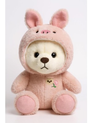 Şapkalı Peluş Ayıcık | Yumuşacık Uyku Arkadaşı, 35 Cm, Pembe Renk | Çocuklar Için Doğum Günü Hediyesi | Ce Sertifikalı | Tavşan Kıyafeti Giyen Pufi Ayıcık