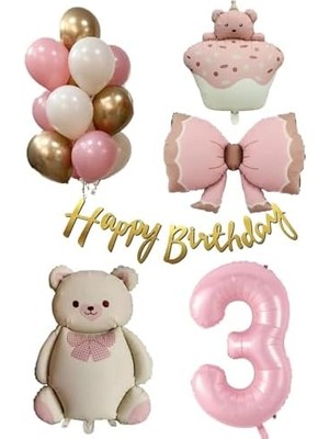 3 Yaş Retro Ayıcık Temalı Kız Bebek Konsept Doğum Günü Seti