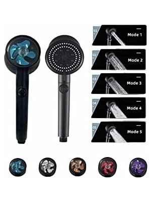 Riseon Turbo Fan Su Tasarruflu 5 Fonksiyonlu Duş Başlığı Siyah Yüksek Basınçlı Modern Tasarım