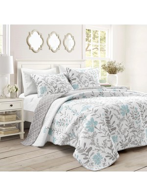 Lush Aprile Ters Çevrilebilir 3 Parça Yorgan Seti, Kral, Mavi ve Gri