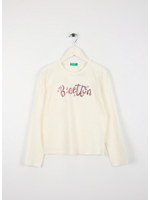 Benetton Payetli Ekru Kız Çocuk T-Shirt 3ATNC10RG