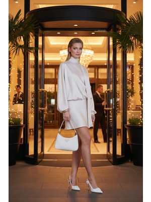 Lela Standart Fit Bağlamalı Dik Yaka Saten Elbise Bayan Elbise 59135520