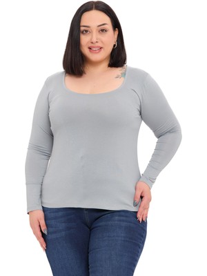 Disentis Modest Büyük Beden U Yaka Uzun Kollu Viskon Açık Gri Body