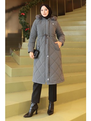 Fermuarlı Gri Kapitone Mont Kadın Beli Bağcıklı Nova Kumaş Özellikli Yeni Sezon Ürünü