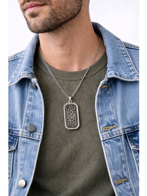 Maskülen Desenli Künye Işlemeli Erkek Kolye - 60 cm Zincirli