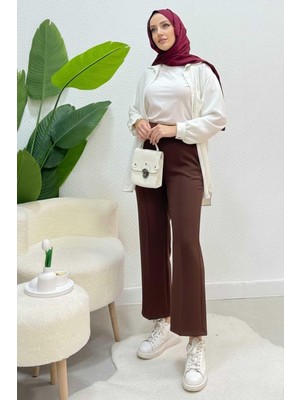 Tesettür Diyarı Scuba Kumaş Beli Lastikli Pare Tesettür Pantolon- Kahverengi