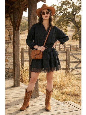 Lela Ekoseli Dantel Detaylı Skater Kalıp Yüksek Bel Kemerli Mini Etek Bayan Etek 59137180