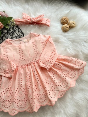 Aysskids Sıenna Kız Bebek Somon Rengi Brode Nakışlı Fisto Elbise ve Bandana Takımı
