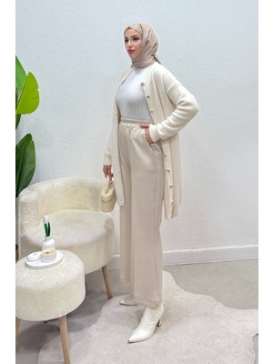 Tesettür Diyarı Scuba Kumaş Beli Lastikli Pare Tesettür Pantolon- Bej