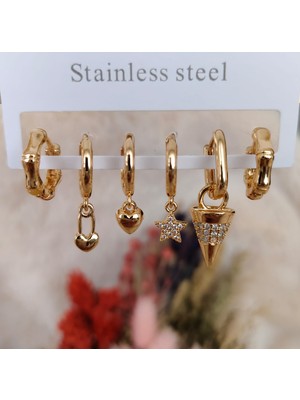 Tuel Gold Detaylı Zirkon Taşlı Çoklu Küpe