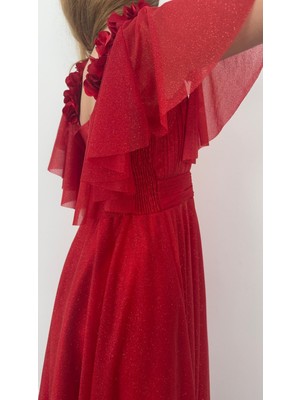 Taha Kids Elite Güllü Prenses Abiye Çocuk Elbise Kırmızı