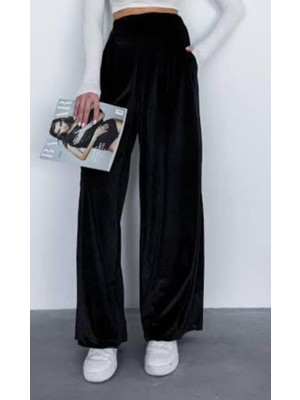 Mareandpanda Kadın Yüksek Ben Beli Lastik Detay Kadife Kumaş Bol Paça Pantolon