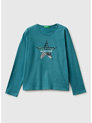 United Colors Of Benetton Yeşil Kız Çocuk Payetli T-Shirt 3ATNC10RG