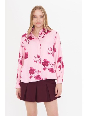 La Pante KADIN GÖMLEK PEMBE SALAŞ DÜĞMELİ UZUN KOLLU GÖMLEK KADIN ÇİÇEKLİ