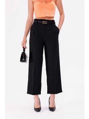 La Pante Kadın Pantolon Palazzo Pantolon Geniş Paça Kemerli Önden Pileli Siyah Kadın Pantolon Şık Klasik