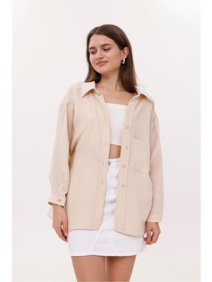 La Pante Kadın Gömlek Ön Cepli Düğmeli Müslin Gömlek Salaş Uzun Kollu Gömlek Kadın Bej Renk