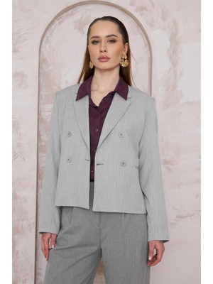 La Pante Kadın Ceket Kısa Ceket Blazer Ceket Gri Düğmeli Şık Mevsimlik Klasik