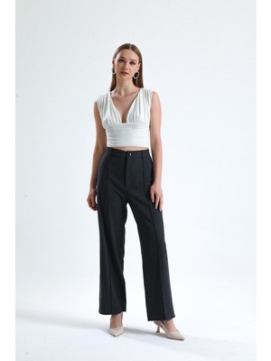 La Pante Kadın Pantolon Palazzo Pantolon Likralı Siyah Straight Dikiş Detaylı Bol Paça Geniş Şık Nervürlü