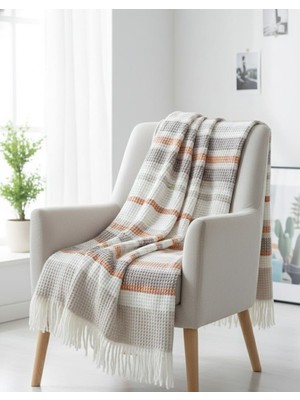 Dinarsu Cozy Pamuklu Püsküllü Skoç Tv Battaniyesi Cunda Nougat Turuncu 130X 170 cm